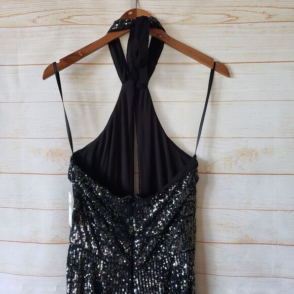 Maeve Sequin Halter Cutout Sexy Stretchy Jumpsuit Black Silver Women's Size 6 - Picture 12 of 16
